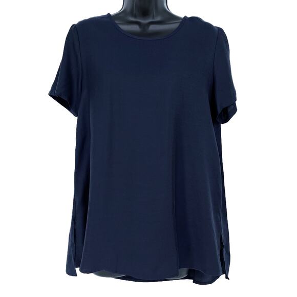 Cuyana Tunic Blouse Pleated Back Short Sleeve in Navy Size X-Small